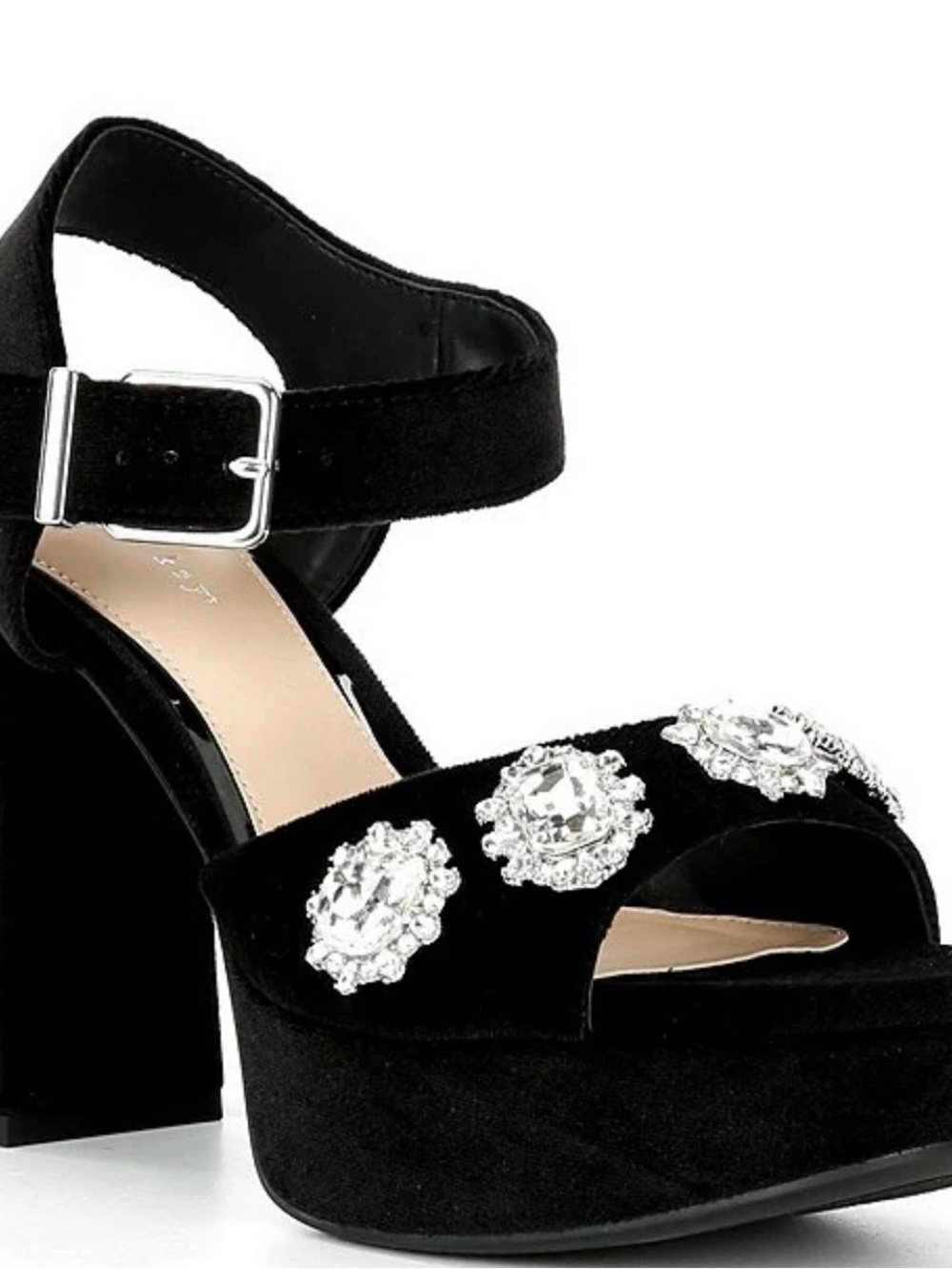 Copper Key Black Platform Sandals with Crystal Accents